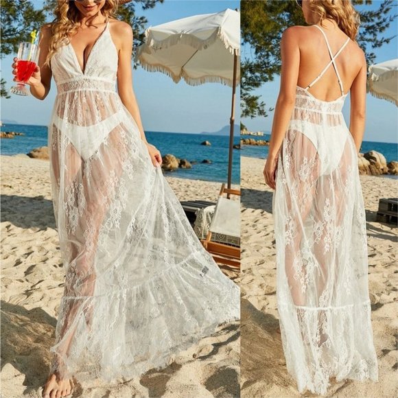 . Dresses & Skirts - Ruffle Hem Lace Cami Open Back Dress